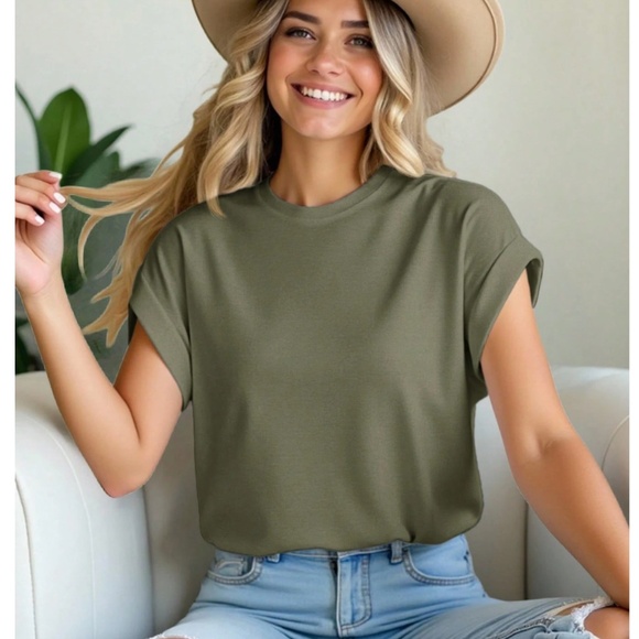 Rouge! Tops - Army Green Crew Neck Muscle Tee Top Shirt Cap Sleeve, Round Neck